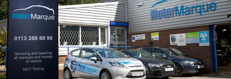 Cars for sale outside Motor Marque's garage in Horsforth, Leeds